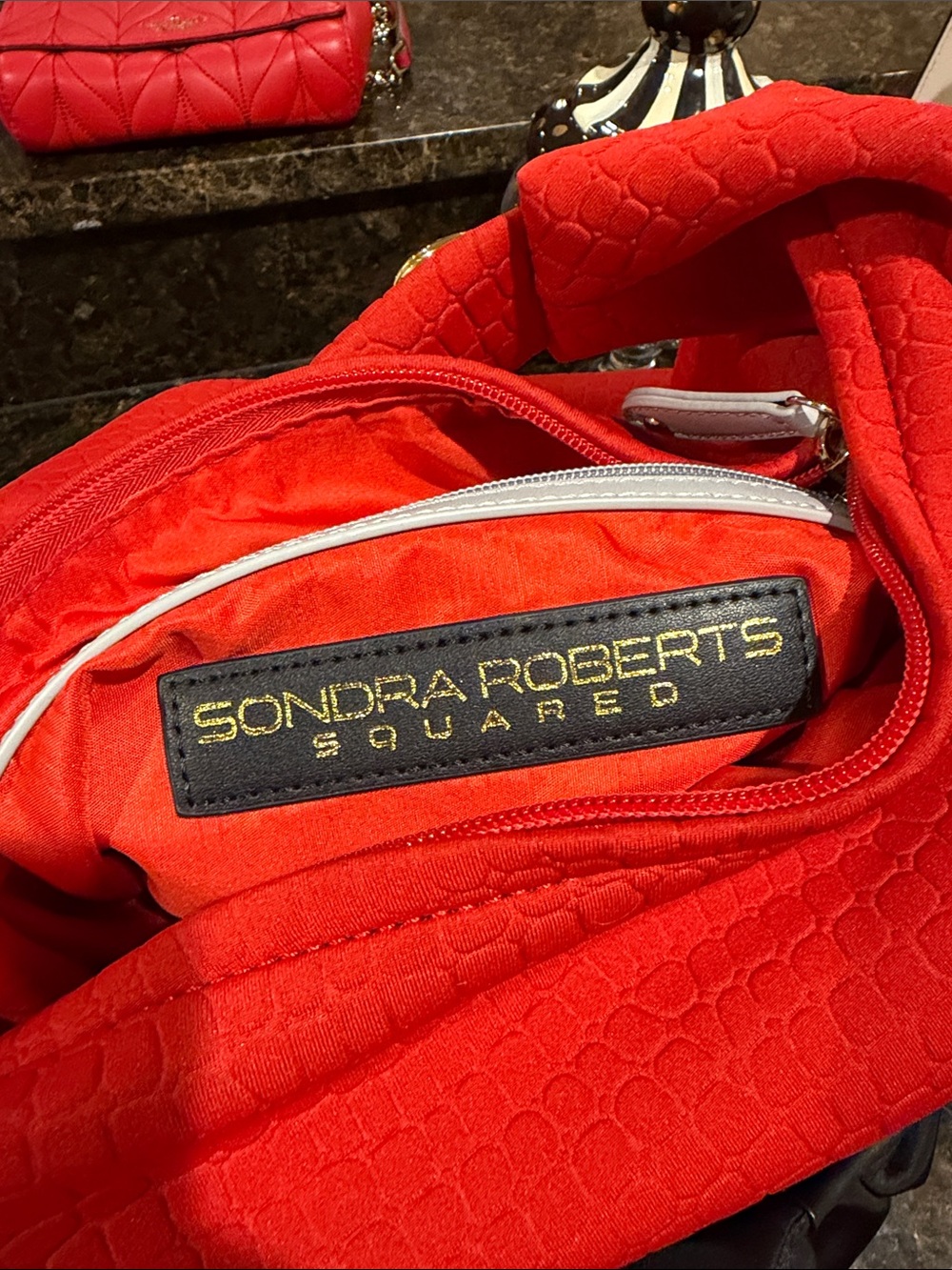 Sondra Roberts Red Textured Hobo Bag with Gray Knot Accent - Picture 4 of 4